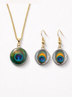 18k Gold plated Peacock Feather Pendant Necklace and Earrings Set - Green & Blue